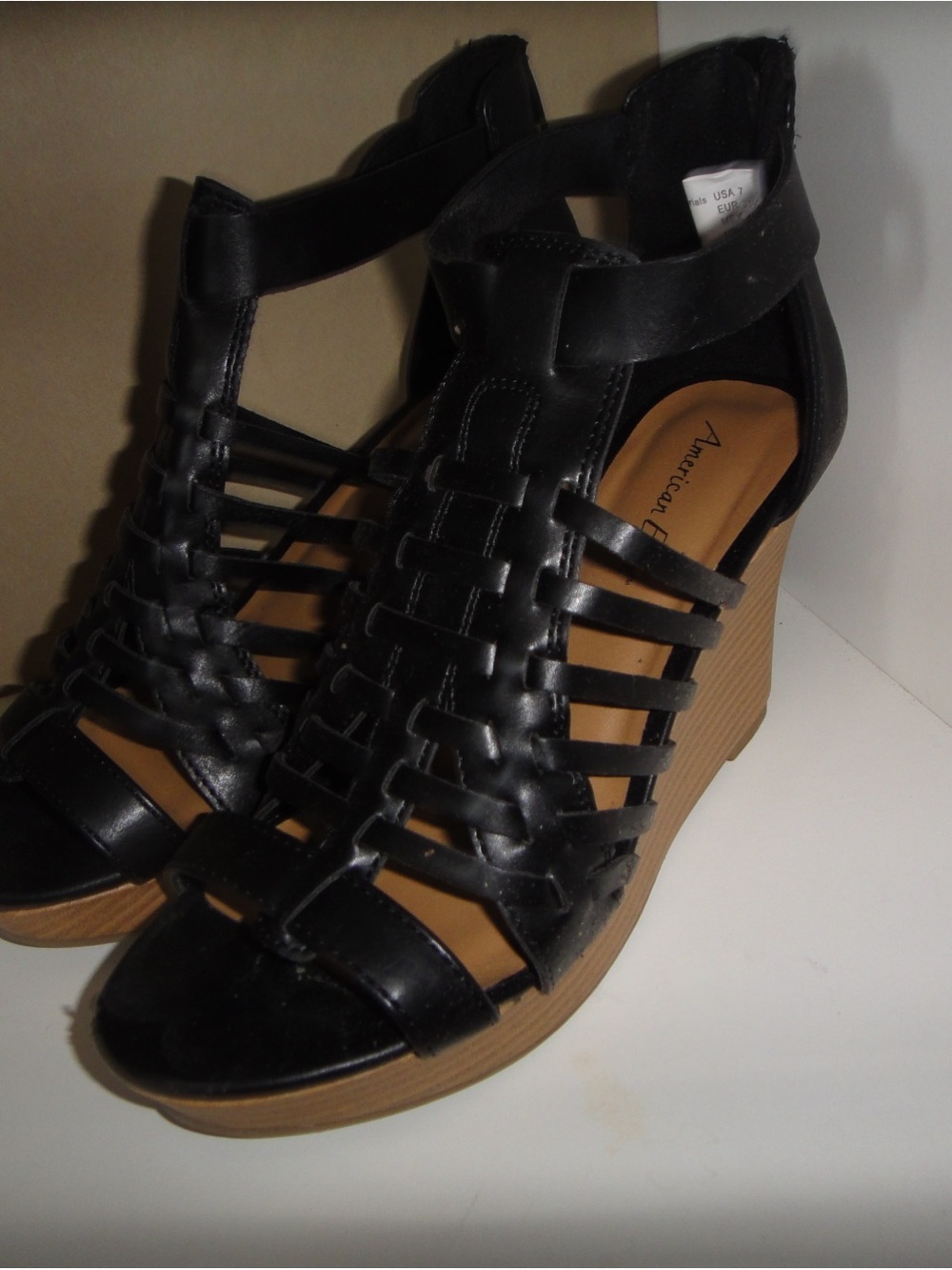 American Eagle Outfitters Black Strappy Wedge Sandals with Tan Wedge